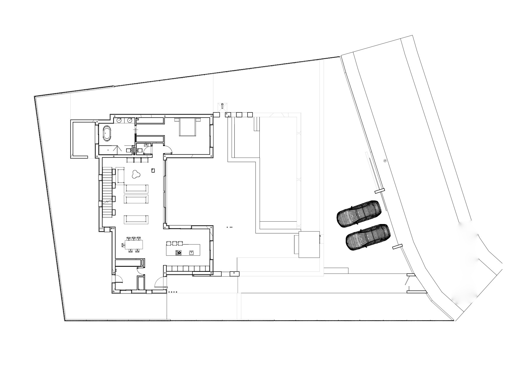 Plano arquitectónico de la villa que muestra la distribución de los espacios interiores y exteriores, incluyendo la piscina y el aparcamiento.