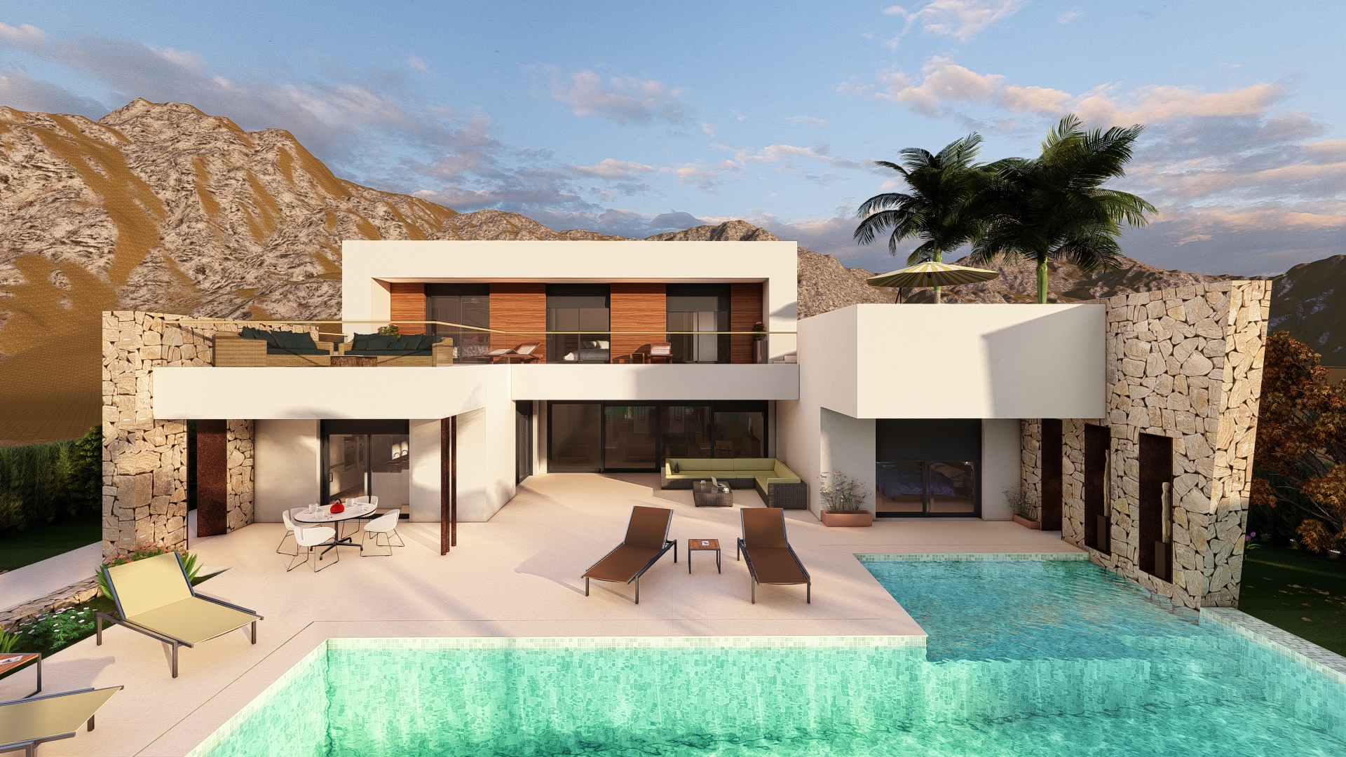 Vista exterior de la villa con piscina turquesa y fachada de piedra natural. Mobiliario de terraza y vistas a la montaña.