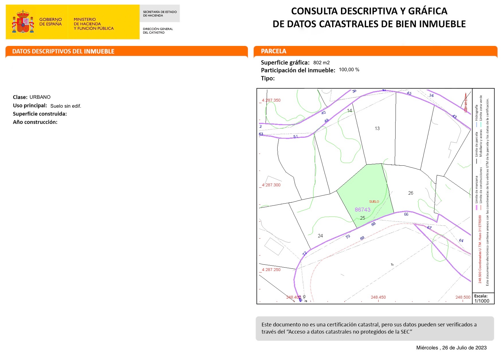 Plano catastral oficial que detalla la parcela urbana de 802 m2, mostrando su delimitación técnica, ubicación geográfica y datos de superficie gráfica.