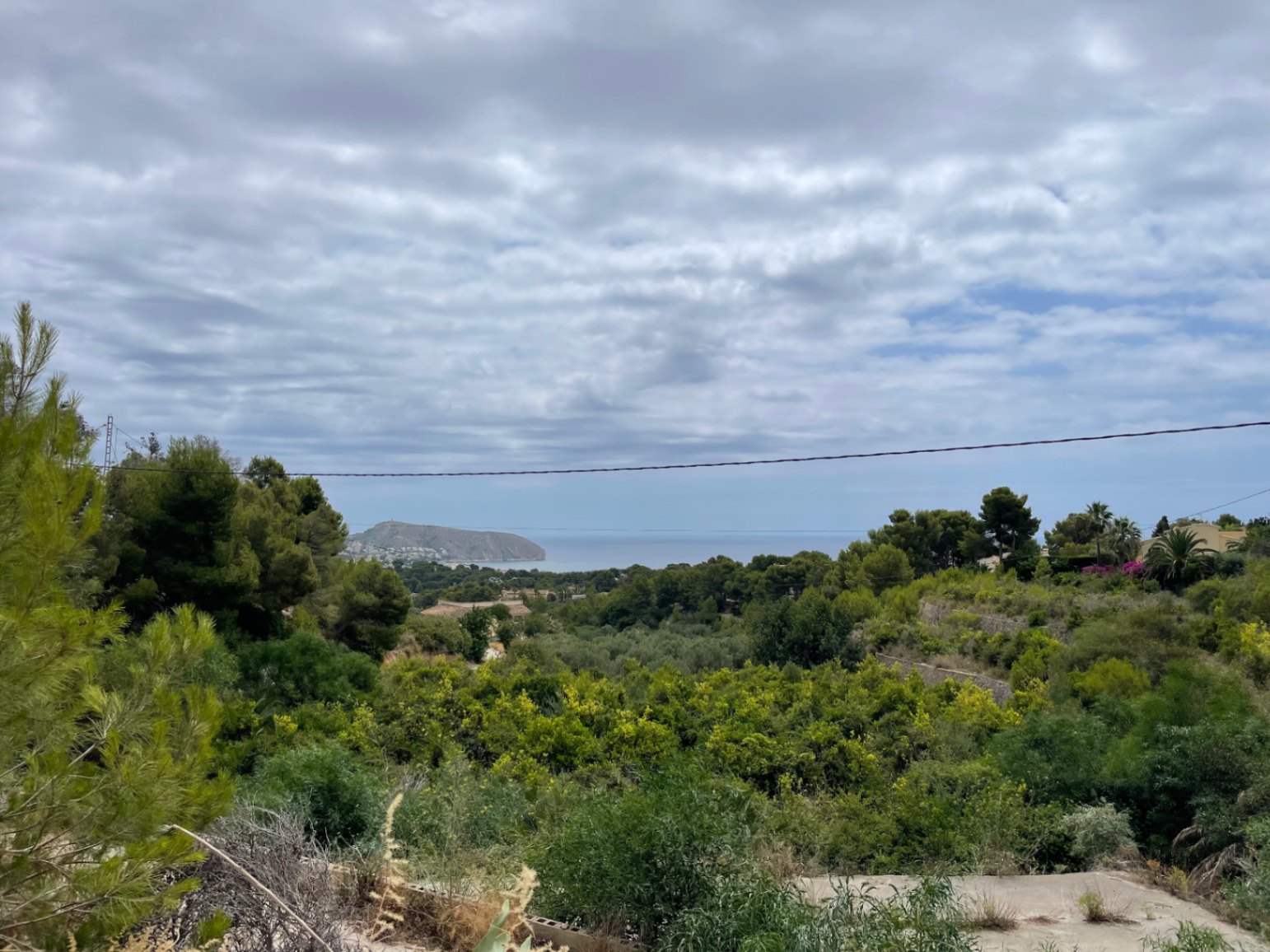 Vista panorámica desde la parcela hacia la costa de Moraira, destacando el Cap d'Or y el mar Mediterráneo entre la densa vegetación de pinos.