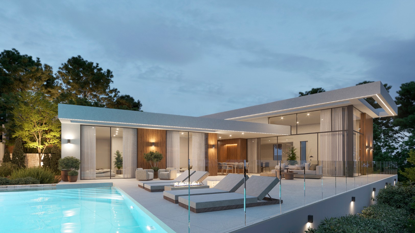 Fachada exterior de villa moderna con terraza de gres, piscina iluminada, barandillas de cristal y revestimientos de madera natural bajo iluminación LED integrada.