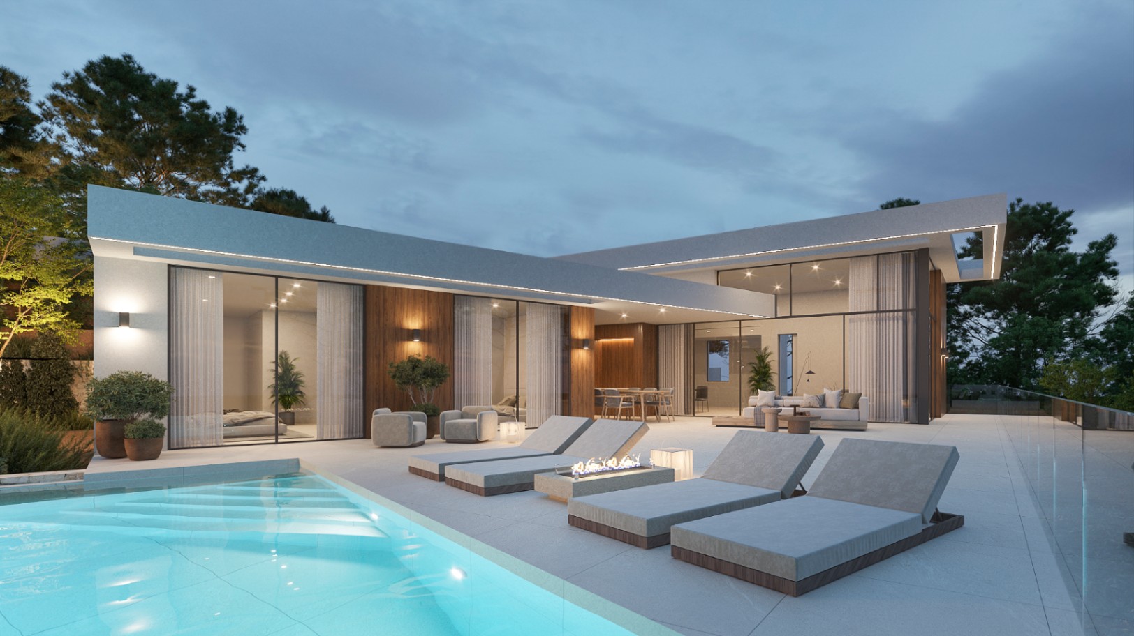 Terraza exterior con piscina iluminada, zona de descanso con brasero y fachada de diseño moderno con acabados en madera y amplios ventanales.