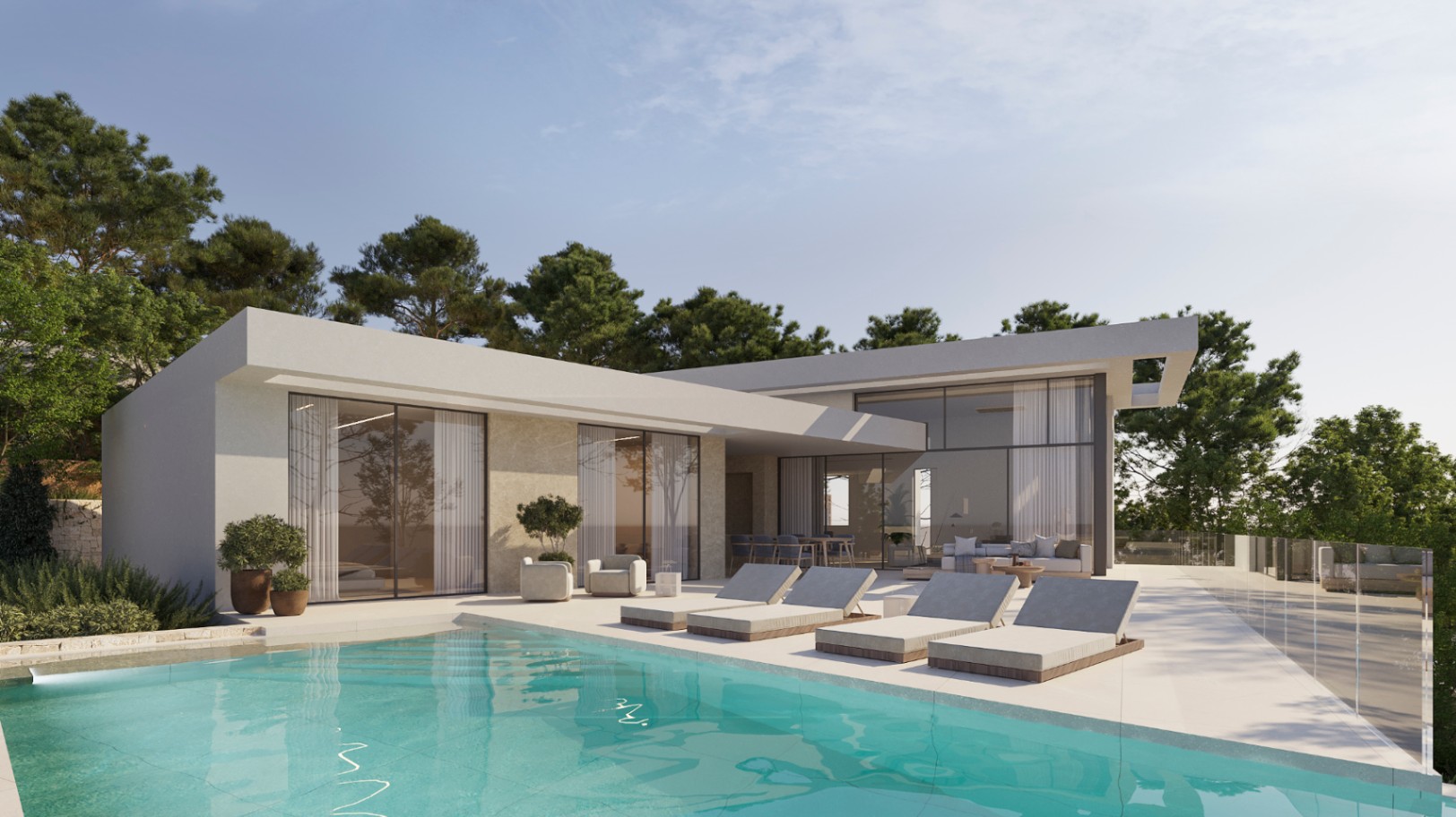 Vista exterior de la villa moderna con piscina de 40 m², terraza solárium con tumbonas y fachada de líneas rectas con grandes ventanales y detalles en piedra natural.