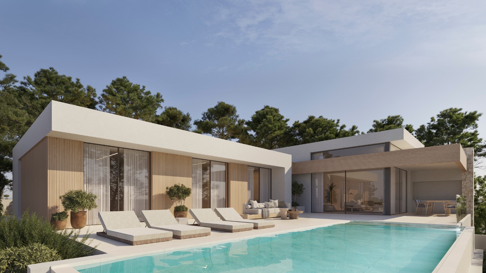 Exterior de villa moderna con piscina turquesa, fachada de madera clara y grandes ventanales. La terraza incluye zona de hamacas y comedor cubierto rodeado de pinos.