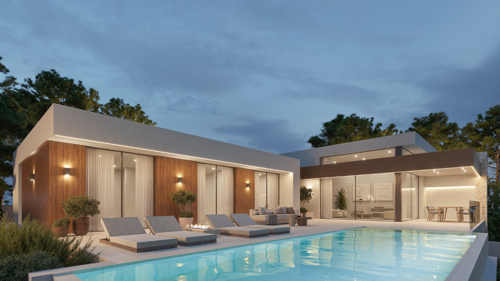 Exterior nocturno de villa moderna con piscina, paneles de madera y amplios ventanales integrados en una terraza con zona de estar y comedor.
