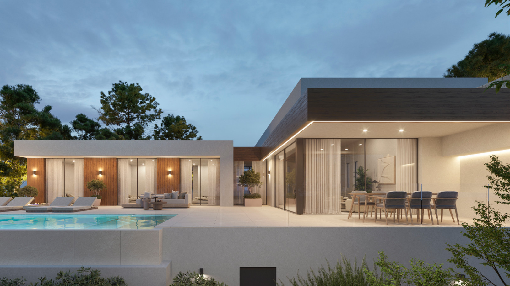 Fachada moderna con iluminación LED perimetral, terraza de gres porcelánico, comedor exterior y piscina infinity integrada en el diseño arquitectónico.