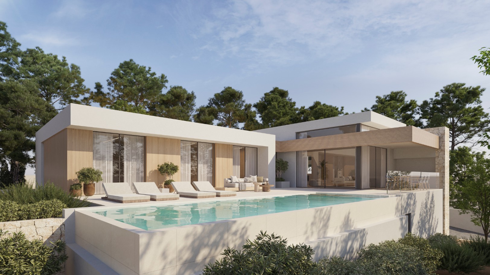 Fachada moderna con piscina infinita, grandes ventanales y revestimientos de madera. Terraza con solárium y zona lounge integrada en un entorno de pinos.