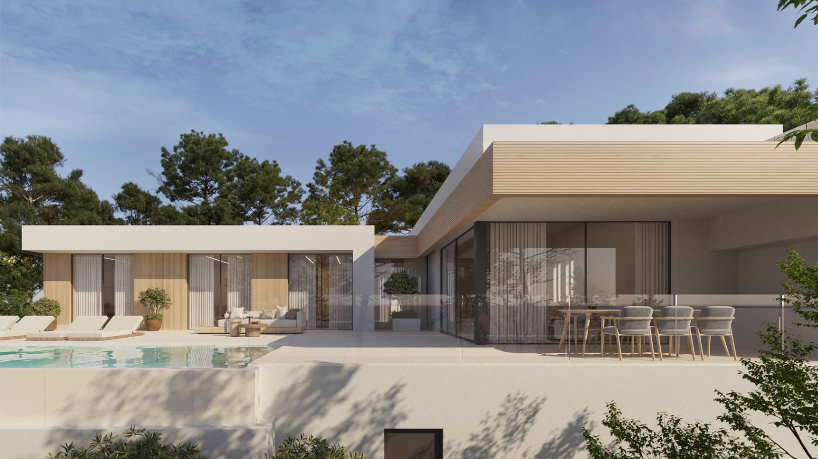 Fachada moderna con revestimiento de madera y amplios ventanales. La terraza incluye zona de comedor exterior, piscina infinita y tumbonas rodeadas de vegetación mediterránea.