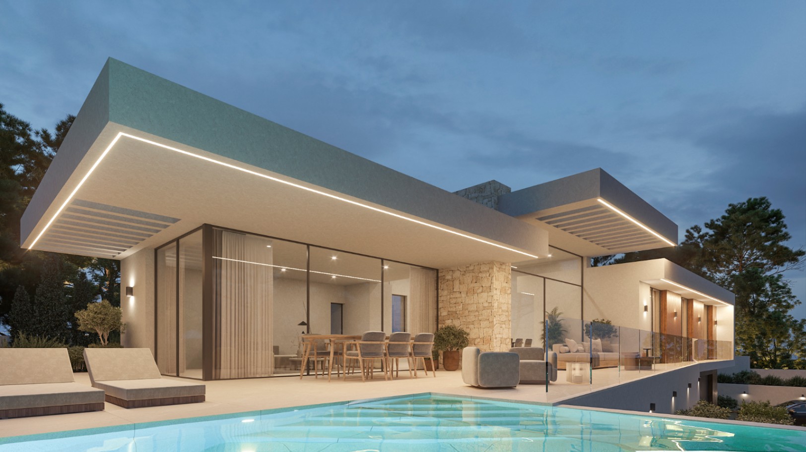 Exterior nocturno de villa moderna con piscina, terraza de gres porcelánico, iluminación LED integrada y muros decorativos de piedra natural.