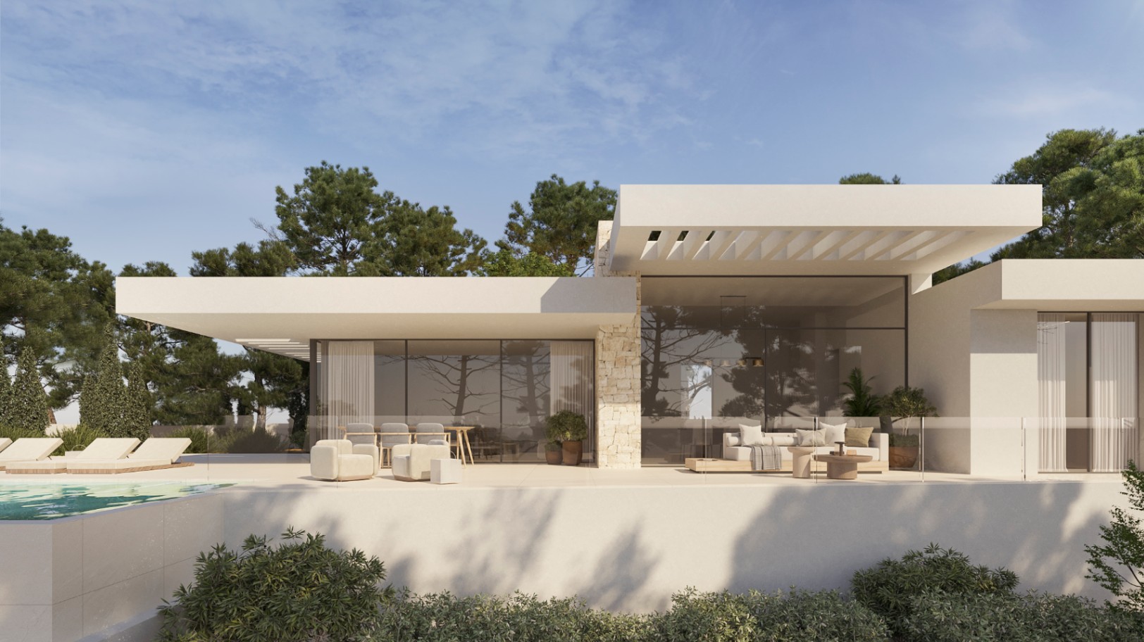 Fachada de villa moderna con amplios ventanales, muro de piedra natural y terraza con piscina. Mobiliario de exterior bajo pérgola integrada y barandillas de cristal.
