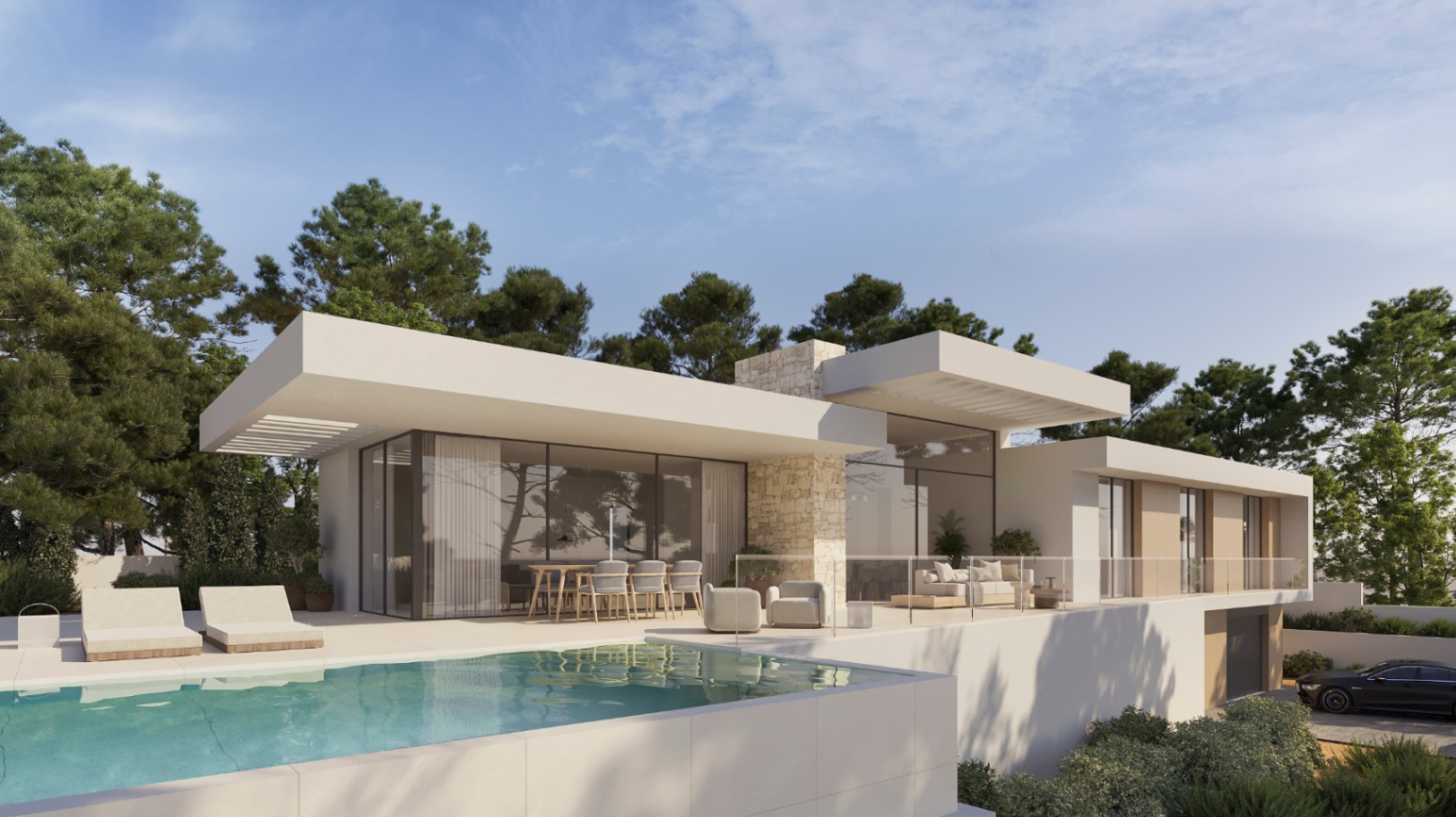 Fachada moderna con piscina infinita, amplios ventanales de suelo a techo y una terraza equipada con comedor exterior y zona de estar bajo voladizos arquitectónicos.