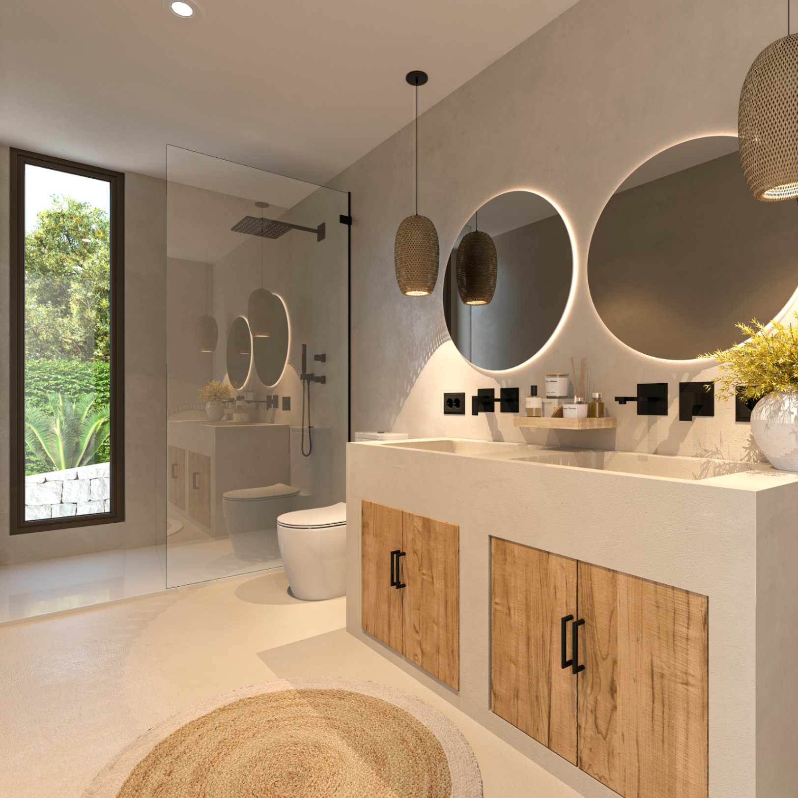Baño de estilo ibicenco con lavabo doble integrado, espejos retroiluminados circulares, grifería negra y ducha de obra con mampara de cristal y vistas al jardín.