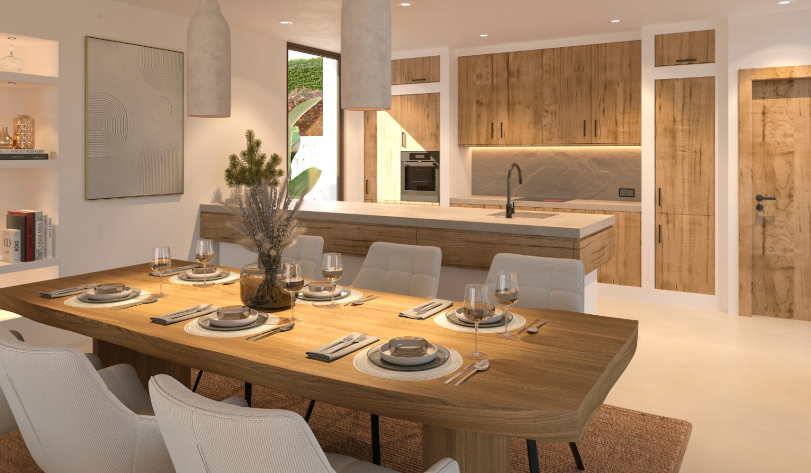 Comedor diáfano con mesa de madera maciza y sillas tapizadas, integrado con una cocina de diseño en tonos madera y encimera de piedra natural.