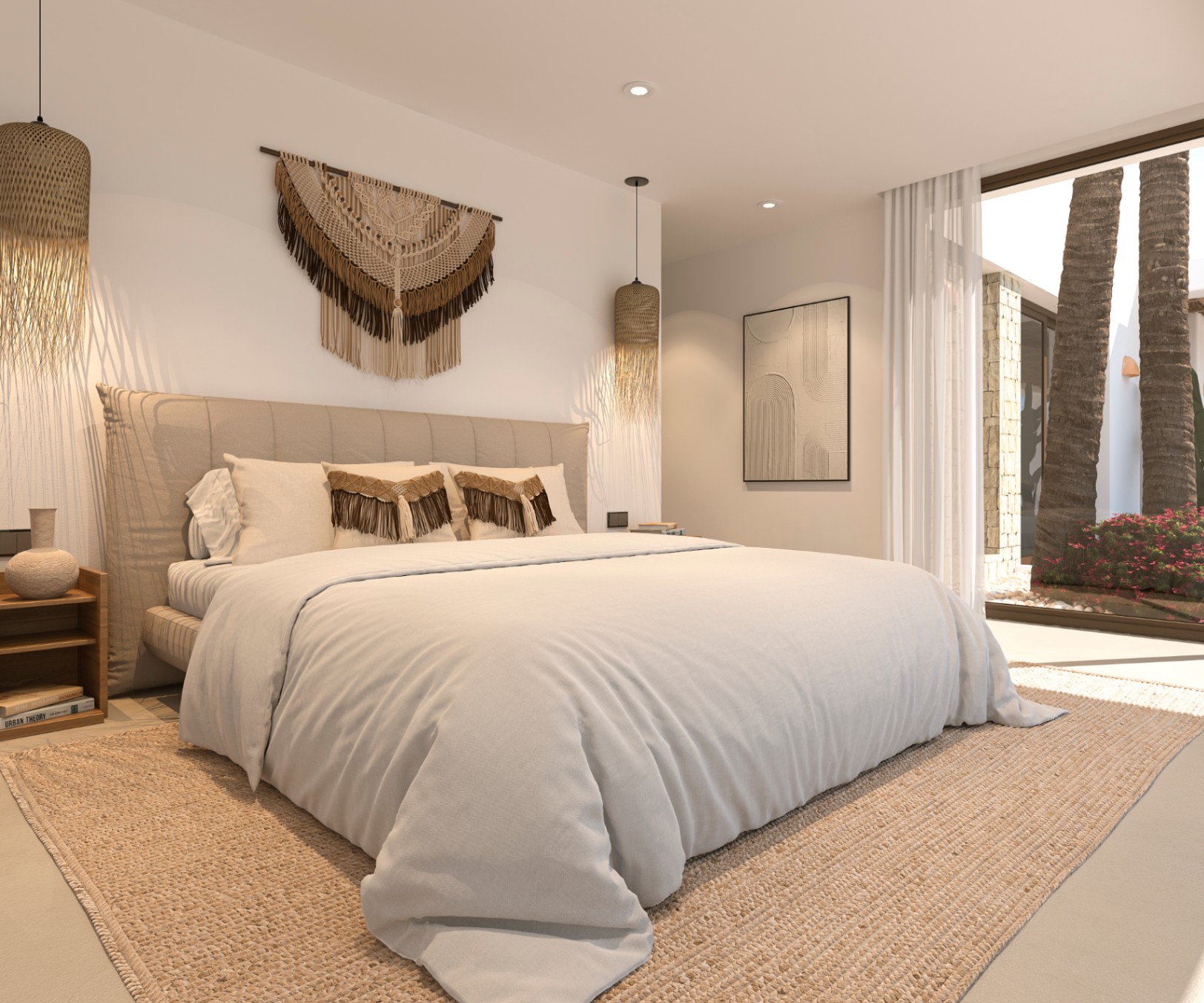 Dormitorio de estilo ibicenco con tapiz de macramé, lámparas de mimbre colgantes y grandes ventanales con vistas a las palmeras exteriores.