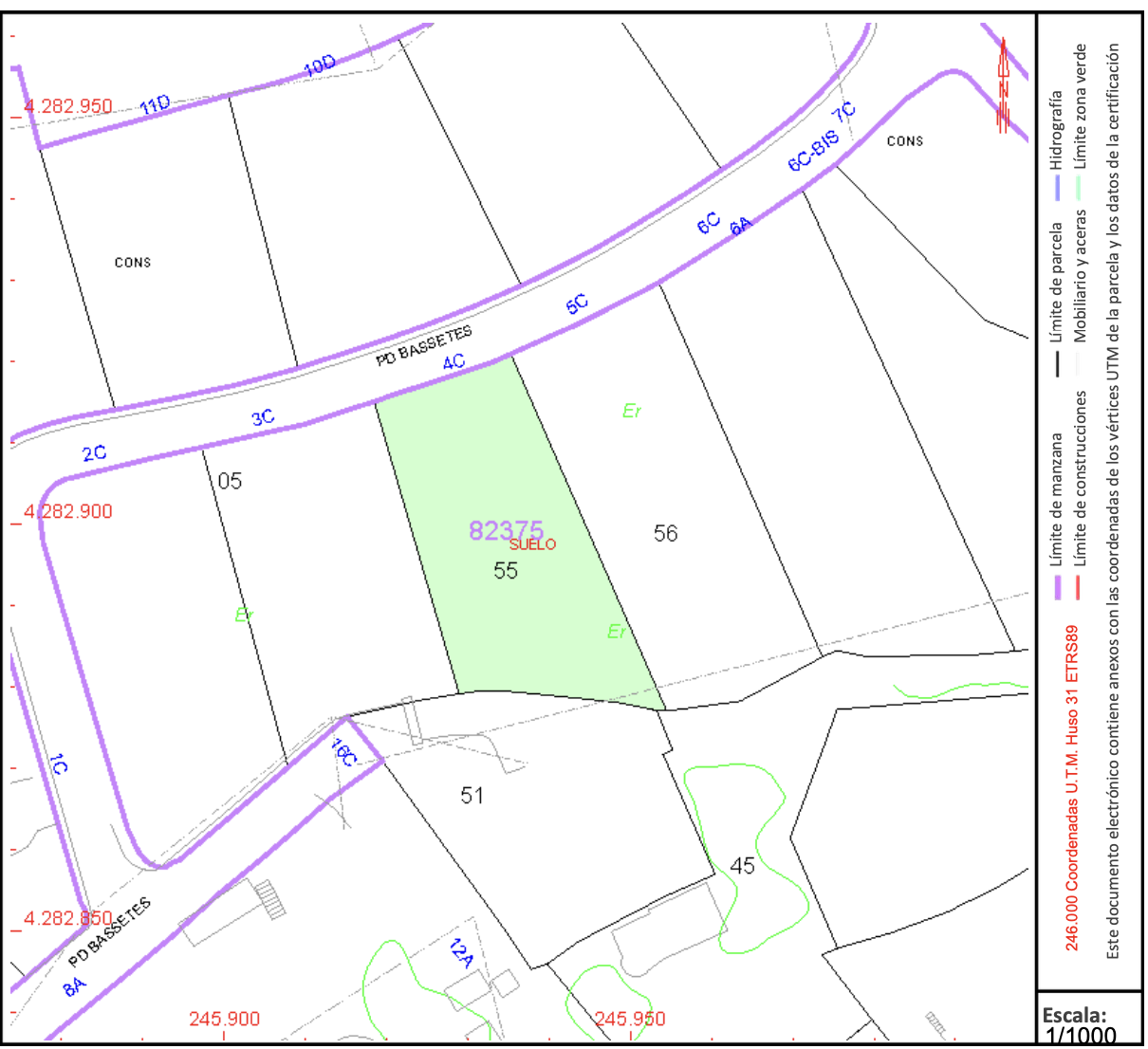 Plano catastral técnico que detalla la ubicación y límites de la parcela 55 en la zona de Bassetes, Calpe, con escala 1/1000 y orientación vial clara.