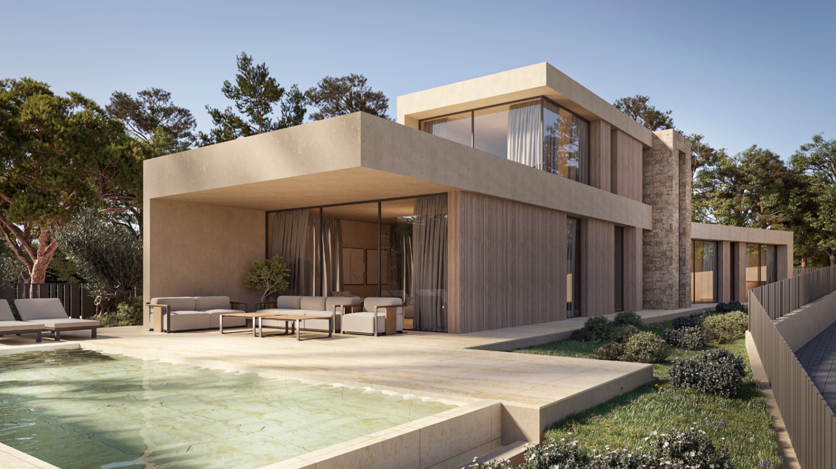 Fachada moderna de estilo ibicenco con muros de piedra natural, paneles de madera y una amplia terraza con piscina integrada y zona de estar sombreada.