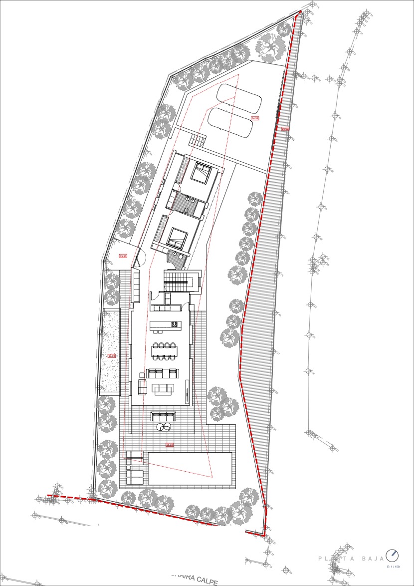 Plano detallado de la planta baja que muestra la distribución diáfana, la terraza con piscina y los dormitorios, integrados en una parcela con aparcamiento privado.