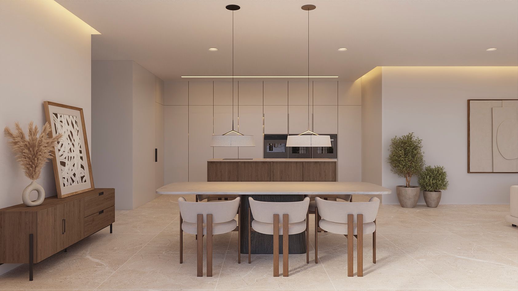 Comedor diáfano con mesa de piedra y sillas de diseño, integrado con una cocina minimalista de armarios empotrados y una isla de madera oscura bajo iluminación LED indirecta.
