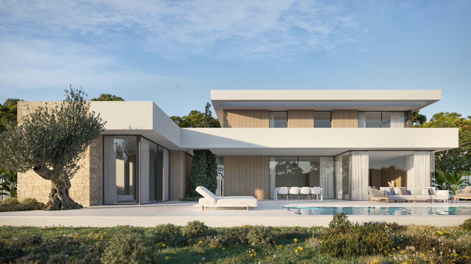 Fachada moderna con acabados en madera y piedra natural, destacando un olivo centenario junto a la piscina y amplias zonas de estar exteriores bajo voladizos.