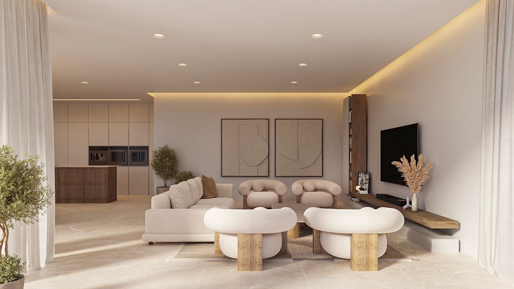 Salón de concepto abierto con mobiliario de tonos neutros, iluminación LED indirecta y suelos de piedra. Se aprecia la transición fluida hacia la cocina de diseño al fondo.