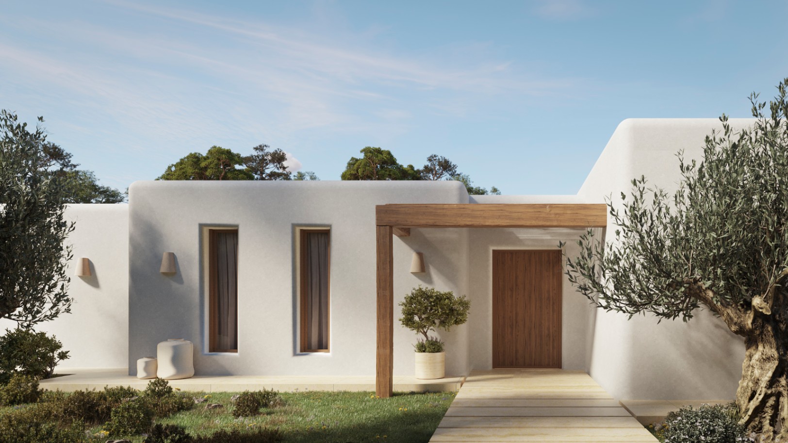 Fachada de estilo ibicenco con paredes blancas redondeadas, vigas de madera natural y una puerta principal robusta integrada en un entorno ajardinado con olivos.