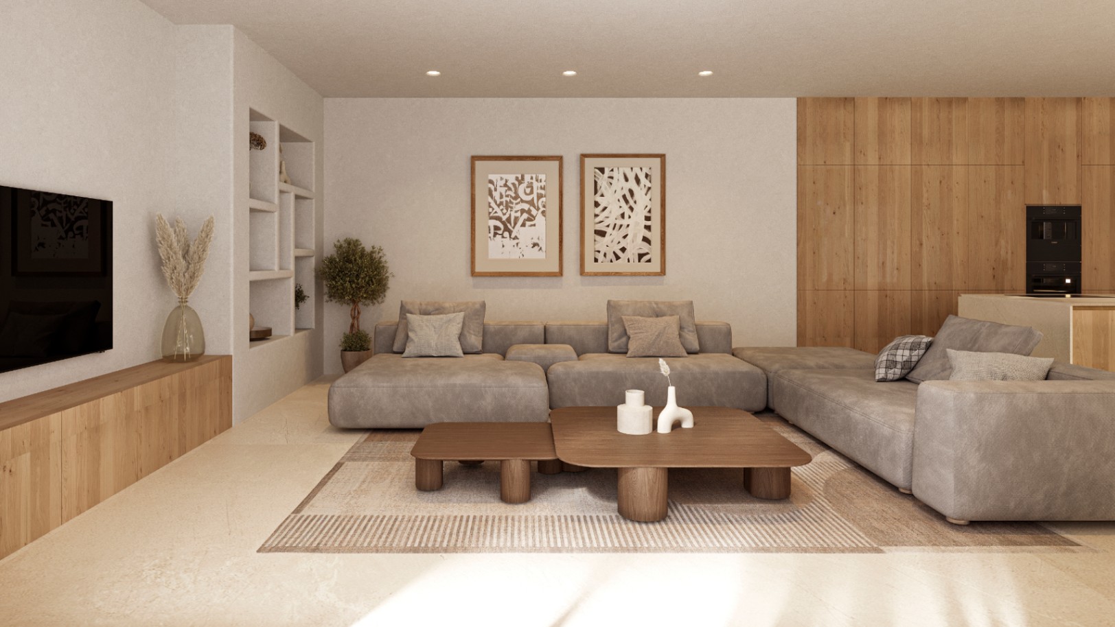 Salón de concepto abierto con sofá modular gris, mesas de centro de madera y hornacinas integradas. Destacan los paneles de madera natural y la iluminación técnica empotrada.