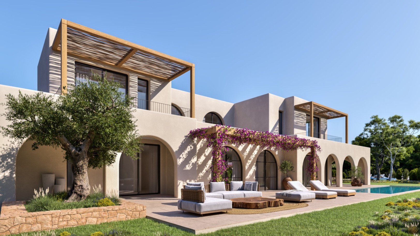 Exterior de villa con arcos tradicionales, pérgolas de madera y buganvillas. Dispone de zona lounge, olivo ornamental y acceso directo a la piscina y jardín.