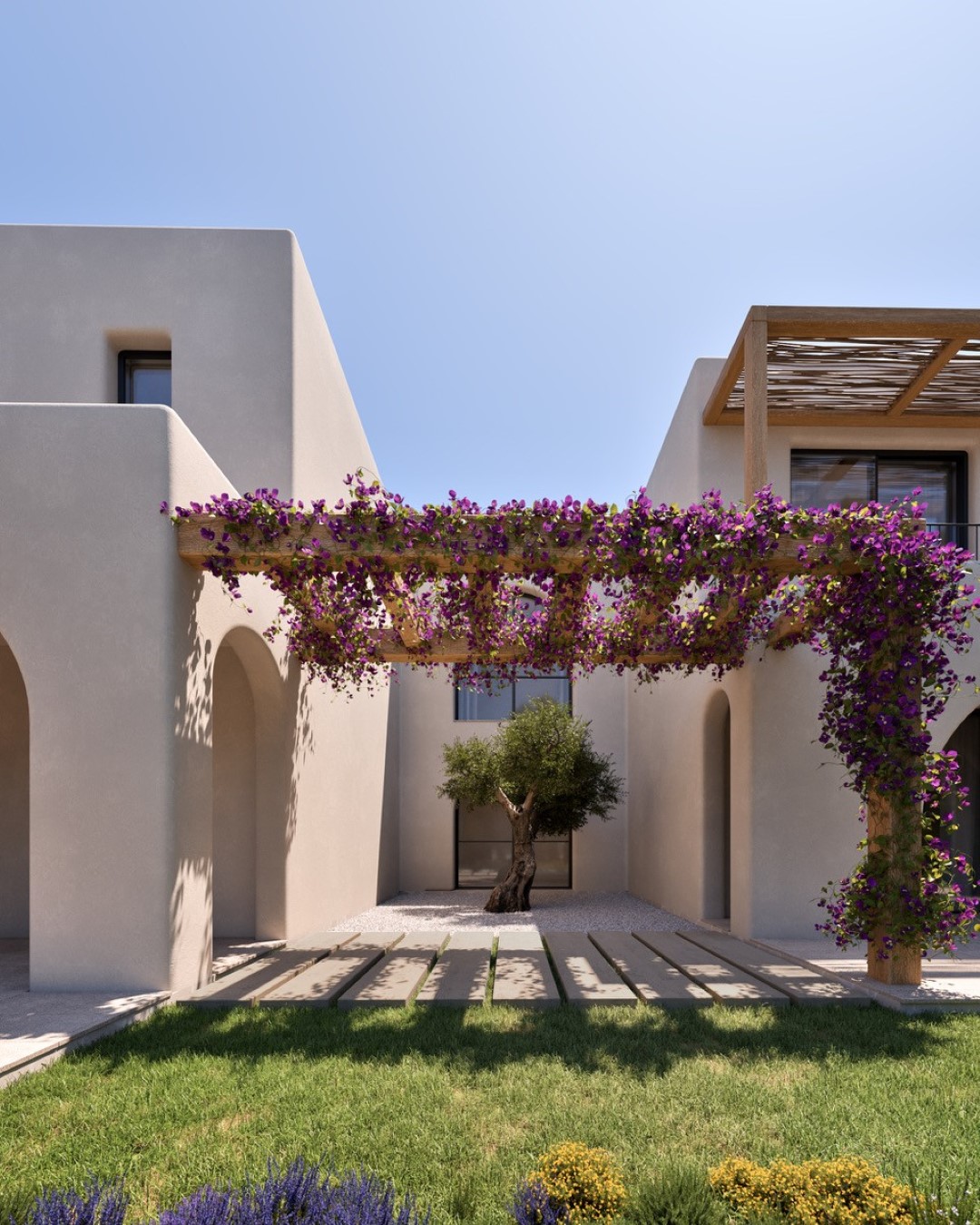 Patio mediterráneo con pérgola de madera cubierta de buganvillas, arcos arquitectónicos y un olivo central integrado en el diseño paisajístico.