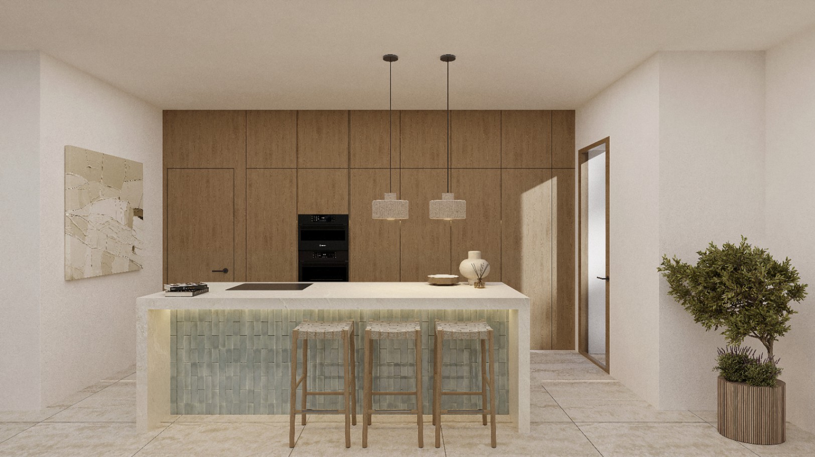 Cocina moderna con isla central revestida en azulejos y taburetes de madera clara.