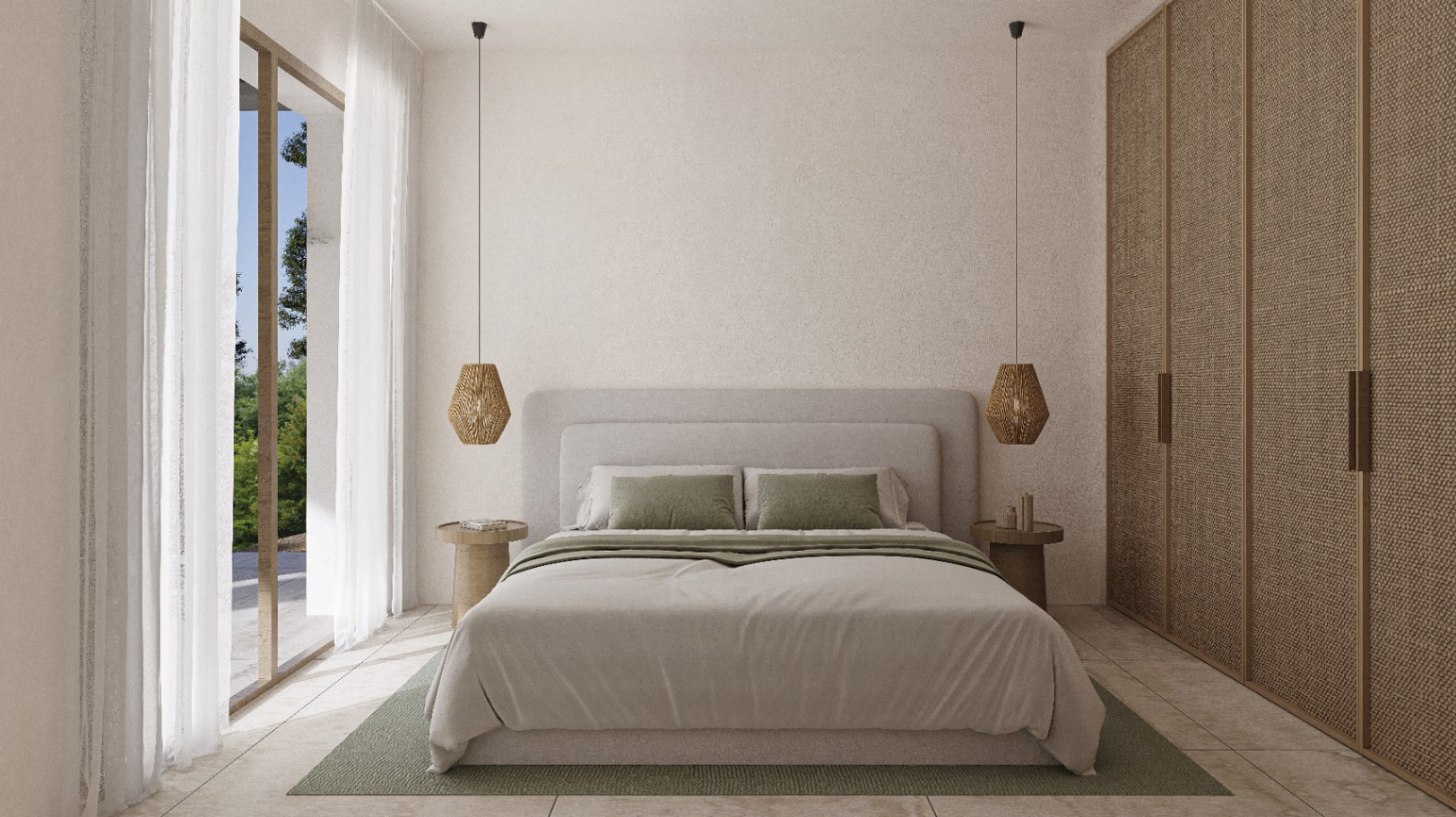 Dormitorio con cama doble, lámparas colgantes de mimbre y armario con puertas de textura tejida.