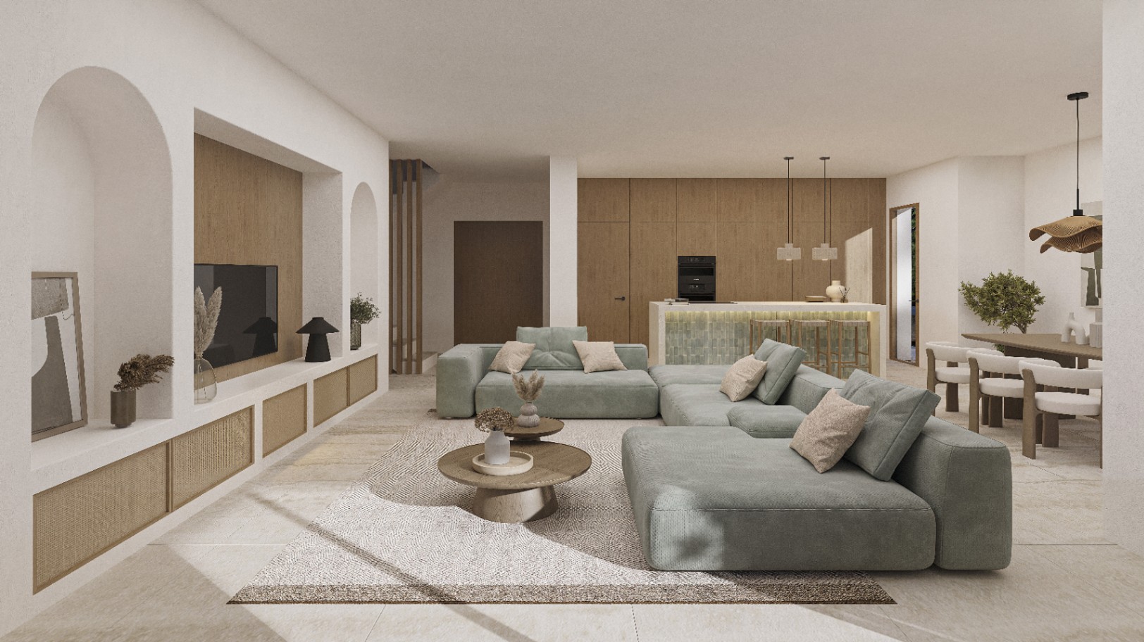 Salón luminoso con sofá modular verde y detalles en madera, integrando cocina y comedor.