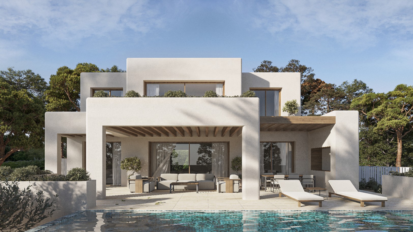 Vista exterior de la villa con piscina privada y terraza cubierta con vigas de madera.