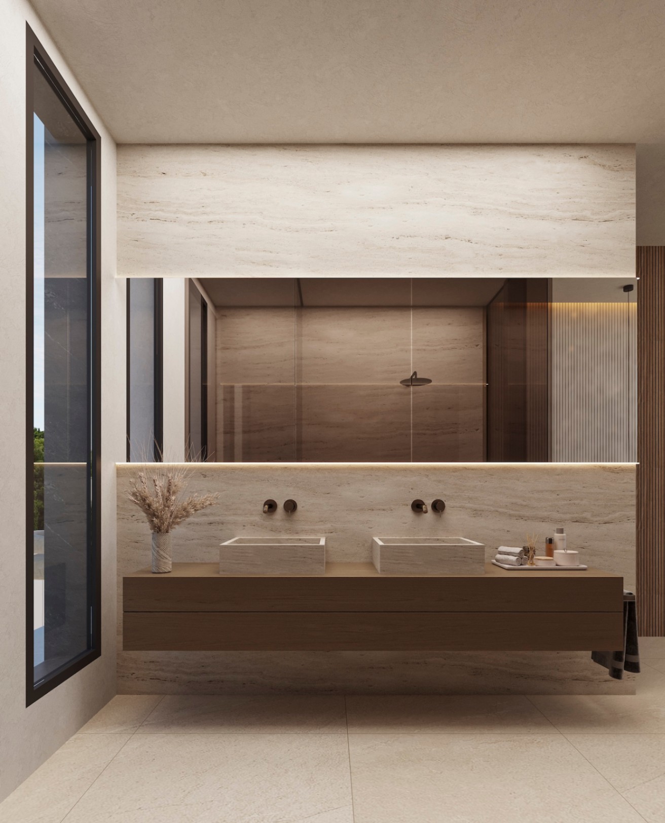 Baño de diseño con lavabo doble sobre mueble flotante de madera, paredes de piedra natural y gran espejo retroiluminado. Incluye grifería empotrada negra y ventanal lateral de suelo a techo.