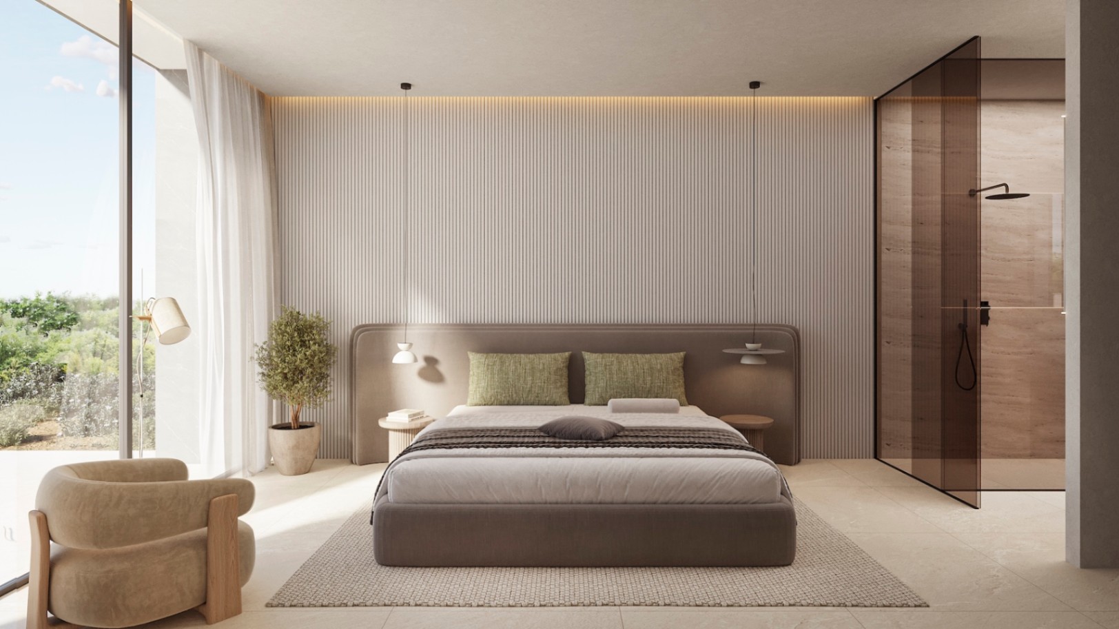 Dormitorio principal con pared de listones verticales, iluminación indirecta y grandes ventanales. Incluye un baño integrado con ducha y mampara de cristal ahumado.