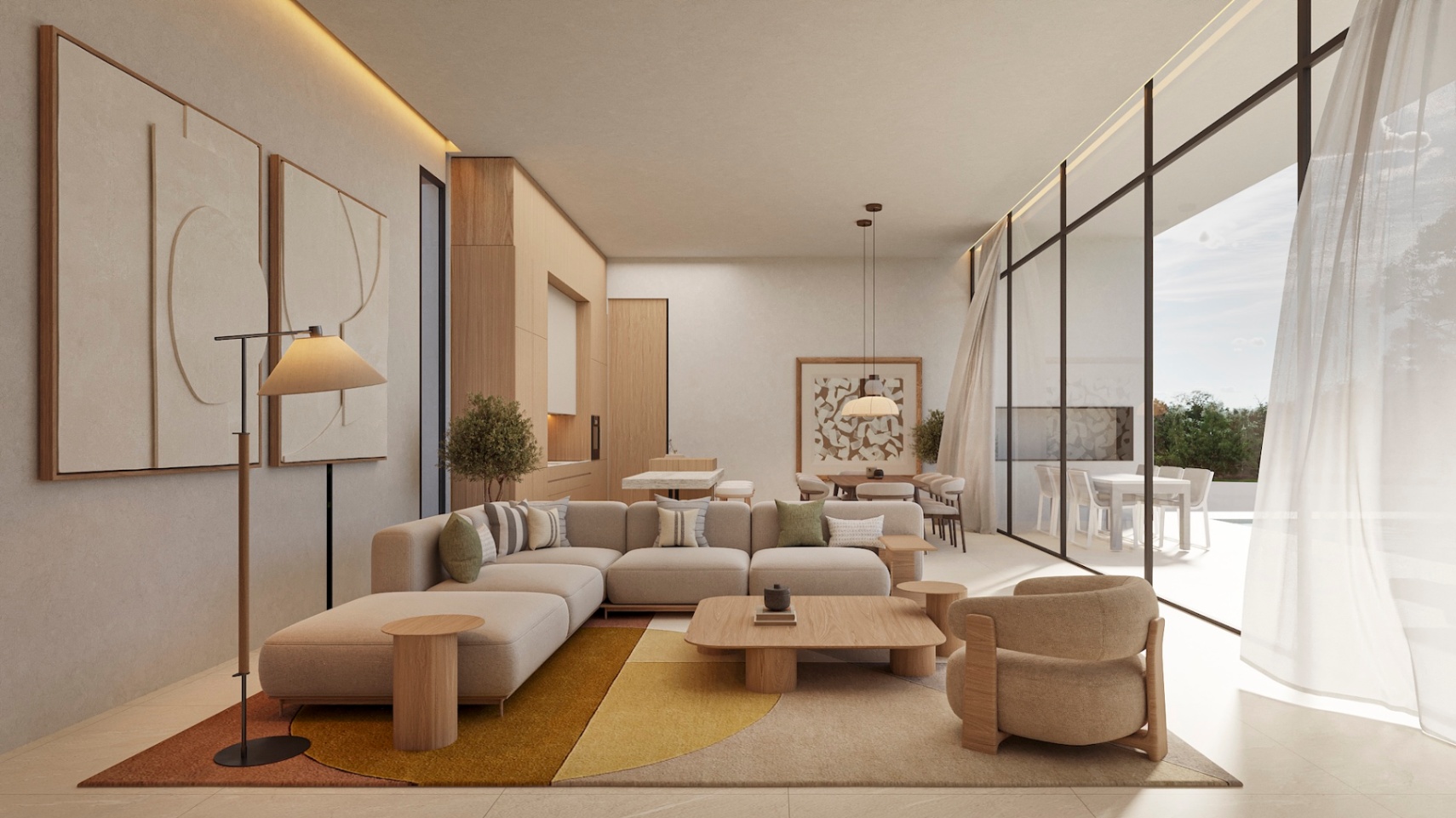 Salón de concepto abierto con grandes ventanales de suelo a techo, mobiliario de tonos neutros, iluminación LED integrada y acceso directo a la terraza exterior.