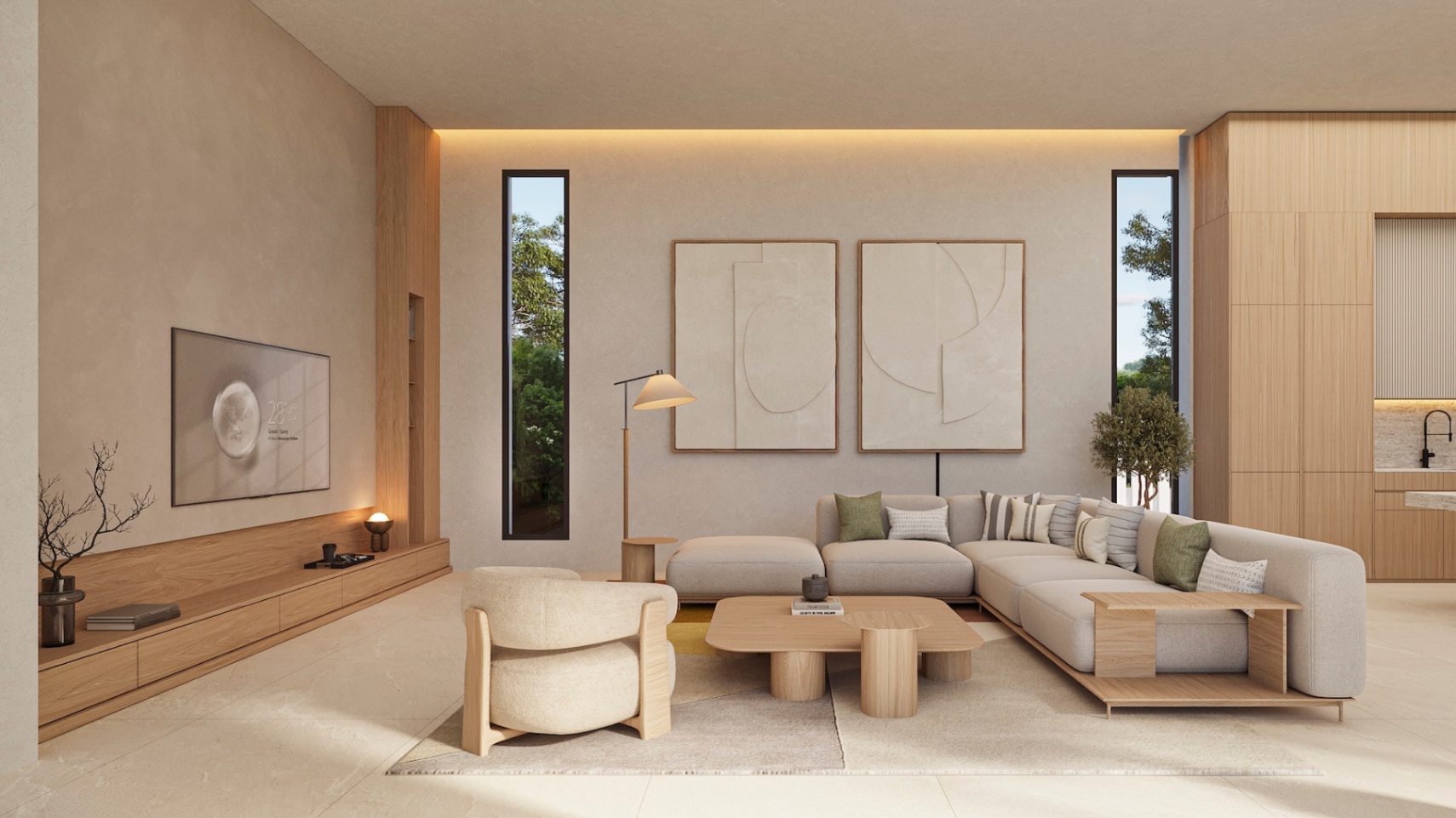 Salón de diseño contemporáneo con mobiliario de madera clara, sofá modular en tonos neutros e iluminación indirecta integrada en el techo y estanterías.