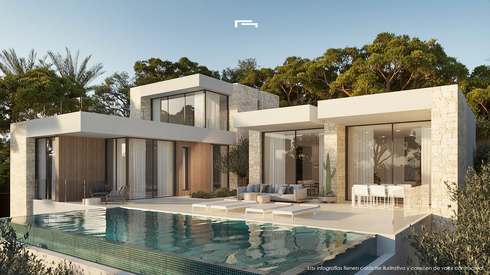 Fachada de villa moderna con muros de piedra natural, amplios ventanales y terraza con piscina infinita rodeada de pinos mediterráneos.