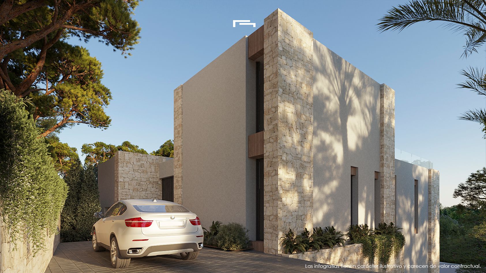 Fachada moderna con pilares de piedra natural, muros de acabado liso y detalles en madera, integrada en un entorno mediterráneo con pinos y vegetación.