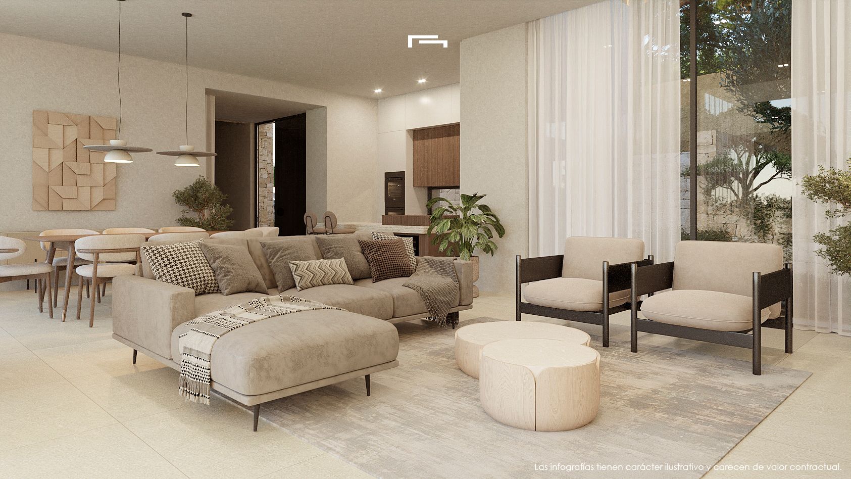 Salón de concepto abierto con mobiliario en tonos neutros, mesas de centro de madera y zona de comedor integrada bajo una iluminación de diseño y amplios ventanales.