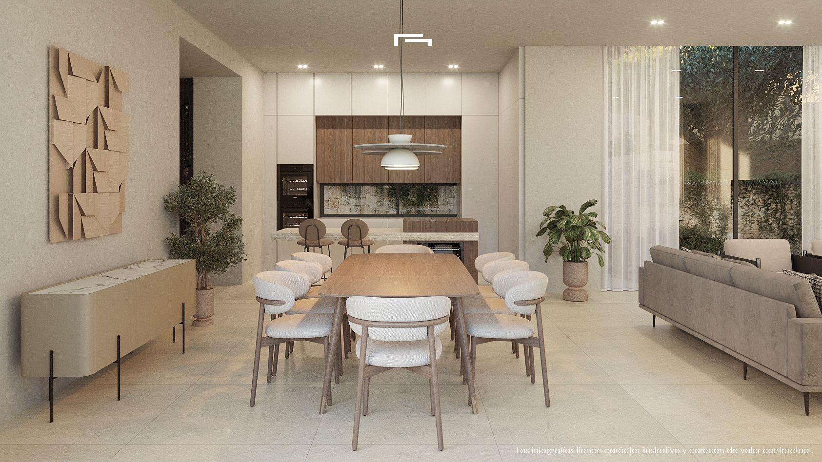 Zona de comedor y cocina integrada con mesa de madera para ocho comensales, lámpara de diseño y armarios empotrados en tonos neutros y madera.