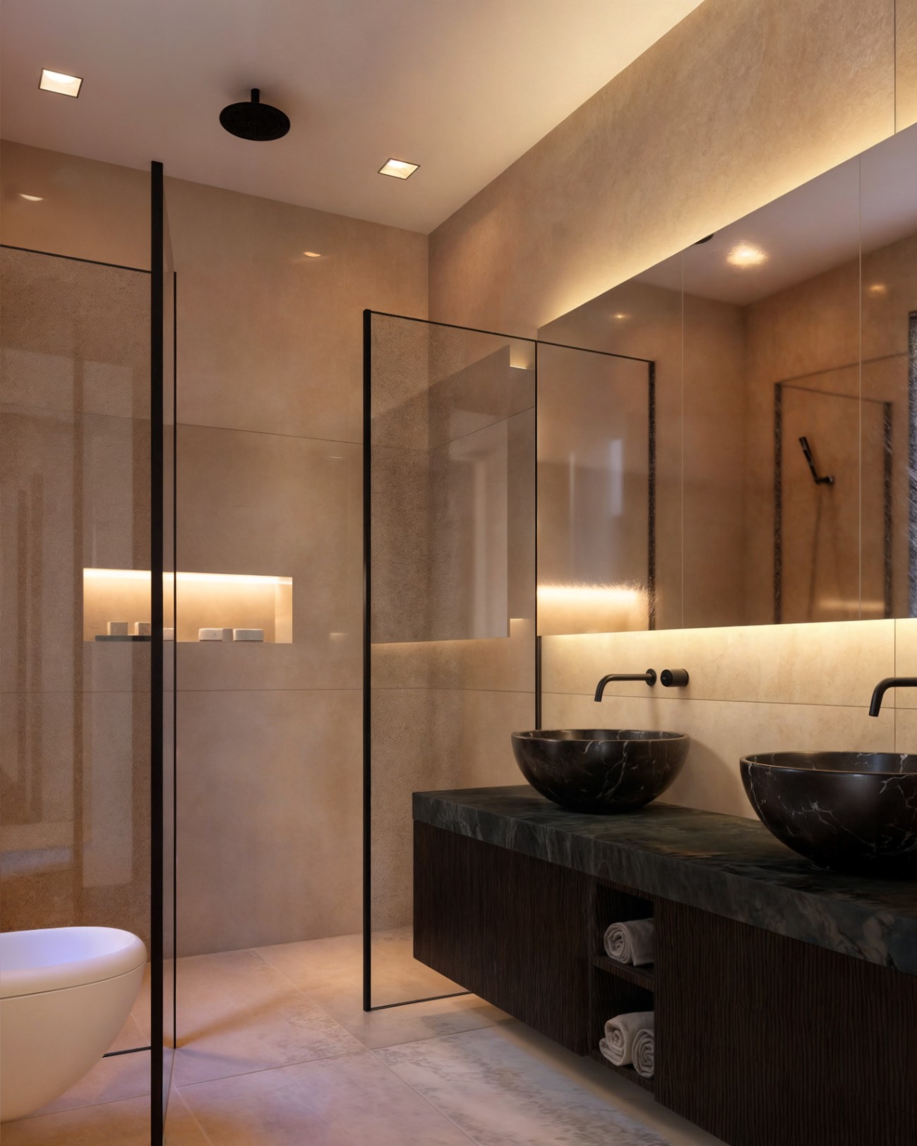 Baño de diseño con lavabos dobles de mármol negro sobre mueble de madera oscura, grifería empotrada negra y espejo retroiluminado en tonos arena.