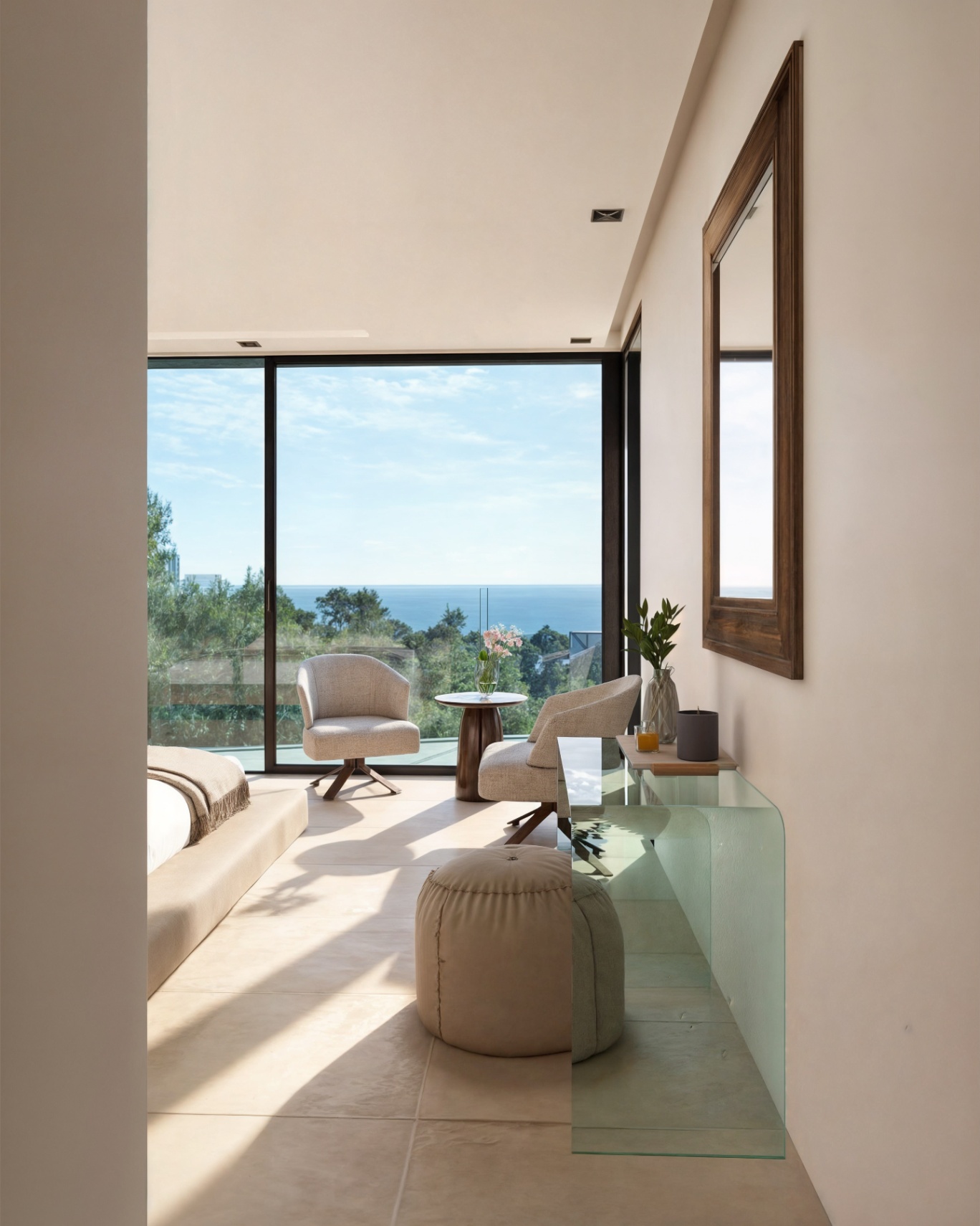 Dormitorio principal con ventanales de suelo a techo, zona de estar con butacas de diseño y vistas panorámicas al mar Mediterráneo y entorno natural.