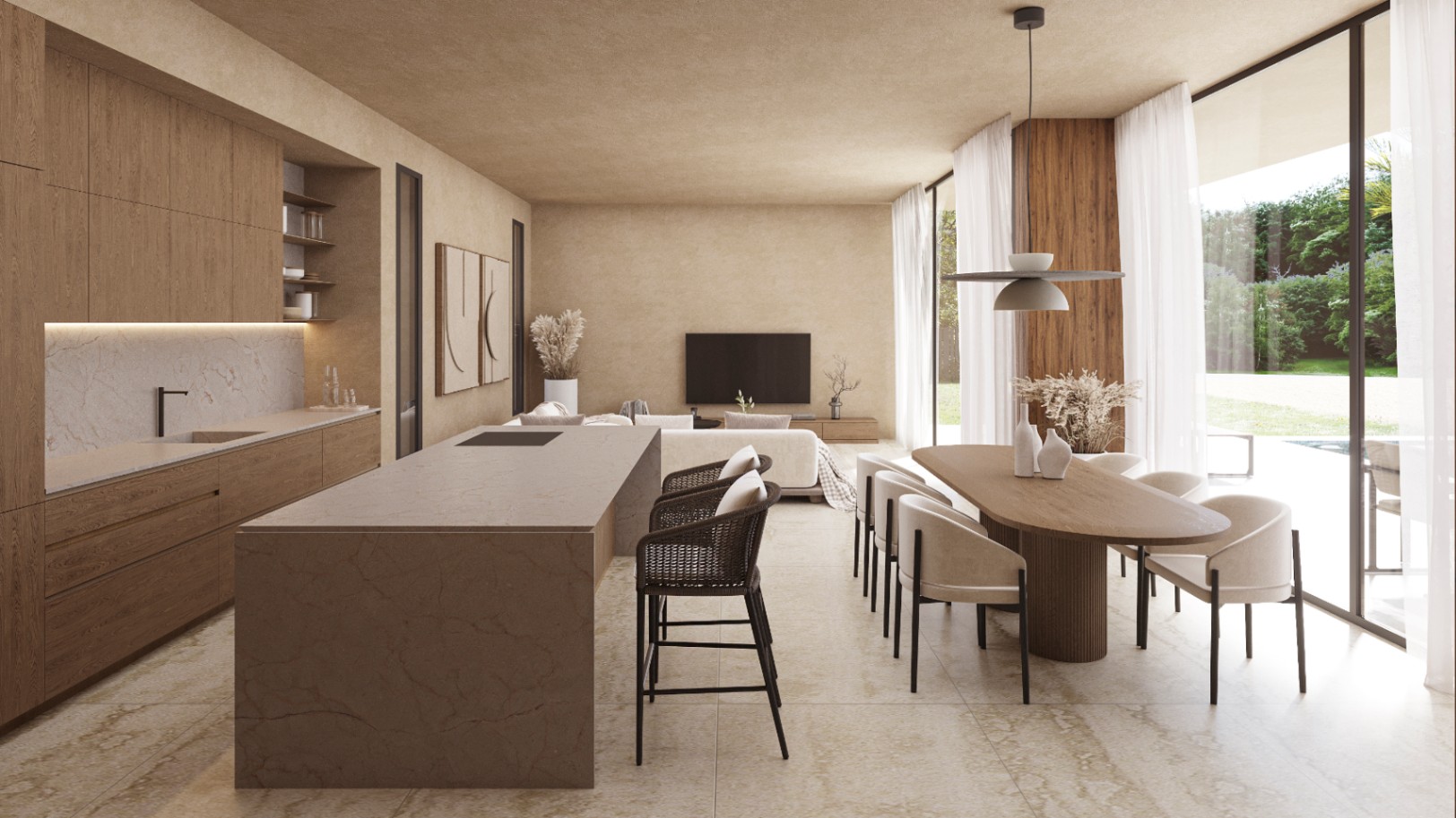 Espacio diáfano que integra cocina con isla de piedra, comedor y salón, destacando los acabados en madera y grandes ventanales con acceso directo al jardín.