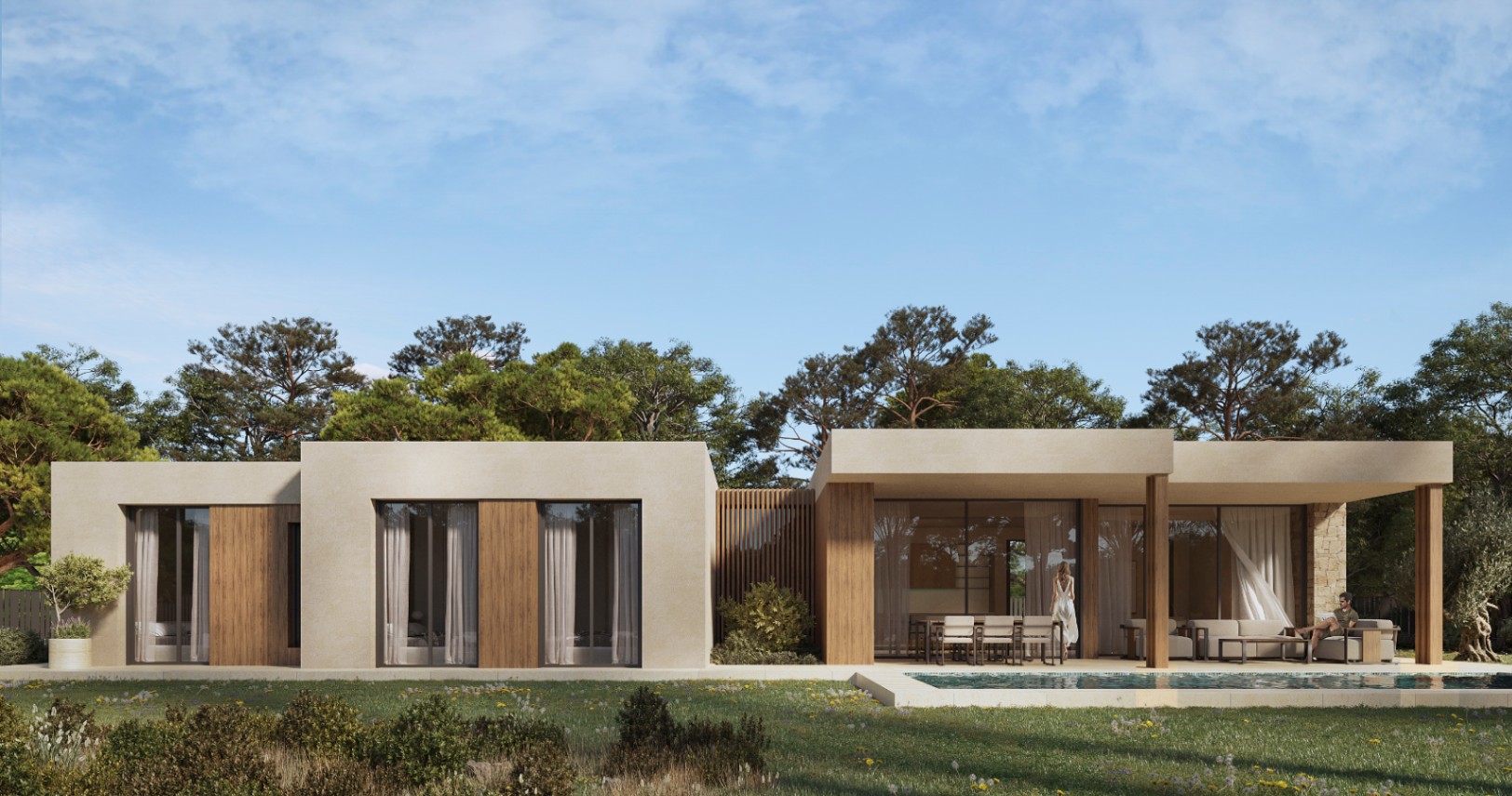 Fachada de villa contemporánea con acabados en madera, amplio porche cubierto frente a la piscina y grandes ventanales que integran el interior con el jardín.