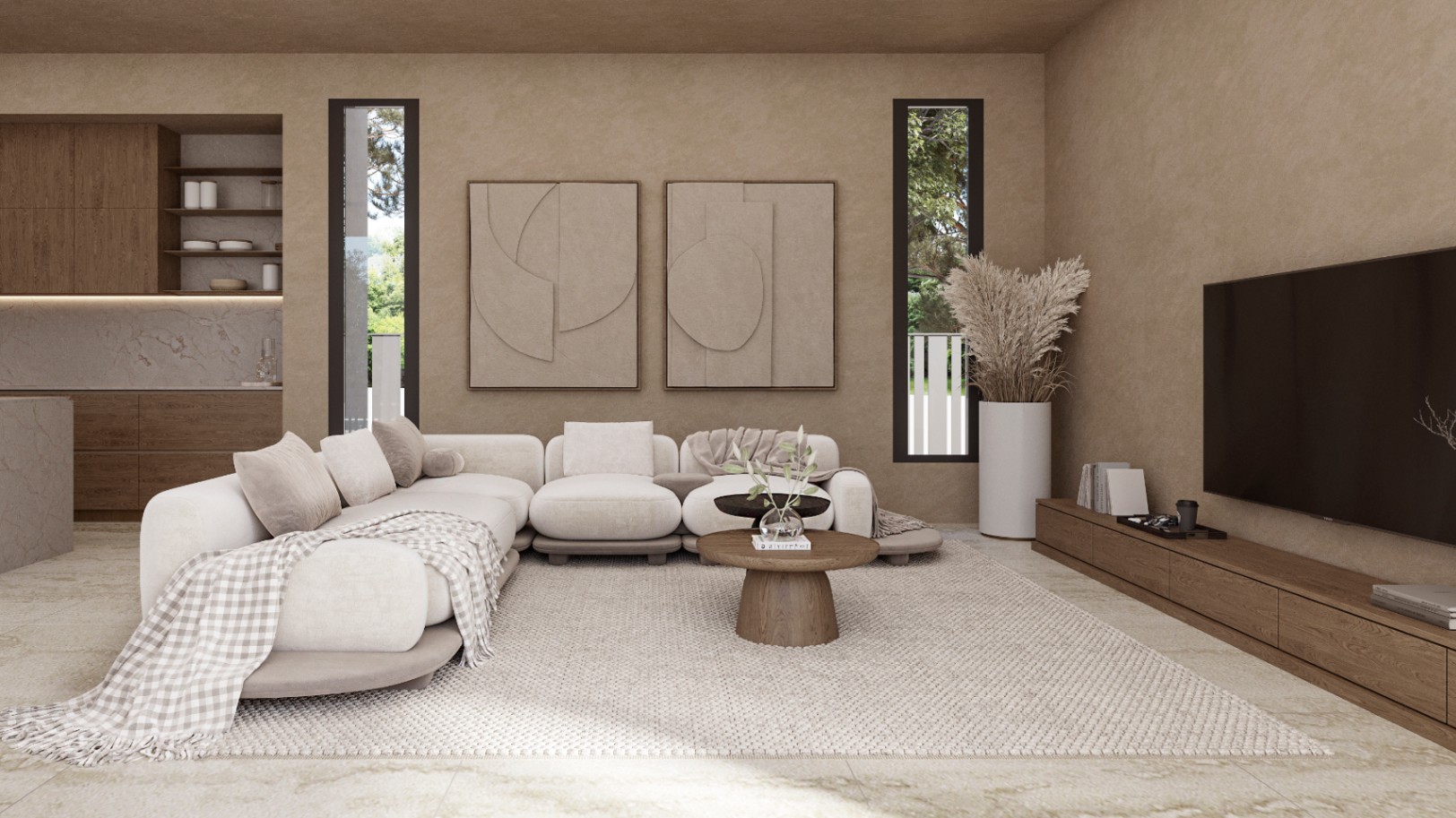Salón de concepto abierto con paredes texturizadas en tonos tierra, mobiliario minimalista, sofás modulares y vistas a la cocina integrada con acabados en madera.