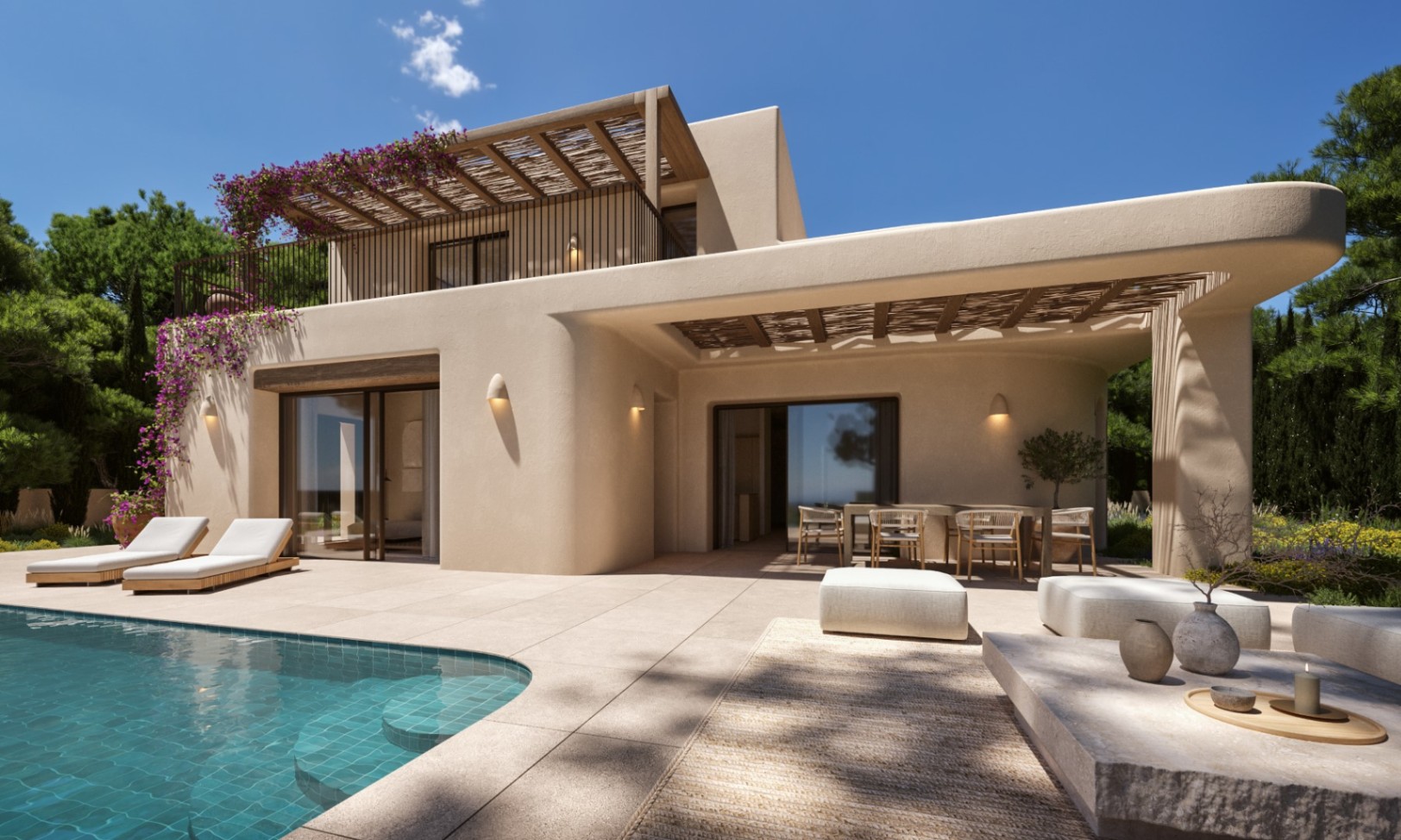 Fachada mediterránea con acabados en tonos arena, amplias terrazas sombreadas por pérgolas de madera y una piscina integrada con solárium y zona de comedor exterior.