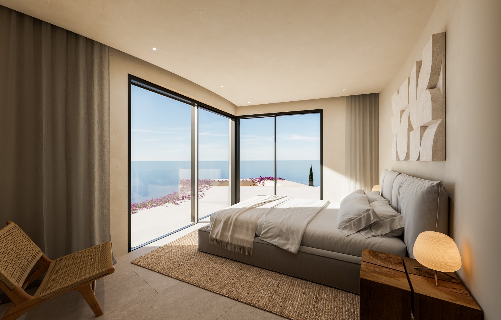 Dormitorio principal con ventanales de esquina que ofrecen vistas panorámicas al mar, acabados en tonos tierra, texturas naturales y acceso directo a la terraza.