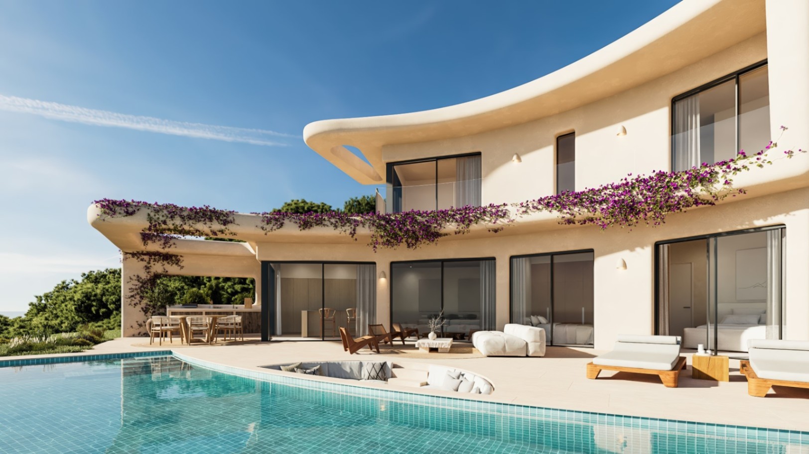 Fachada curva de estilo ibicenco con piscina turquesa, zona de estar integrada en la terraza y balcones adornados con buganvillas bajo el sol de Jávea.