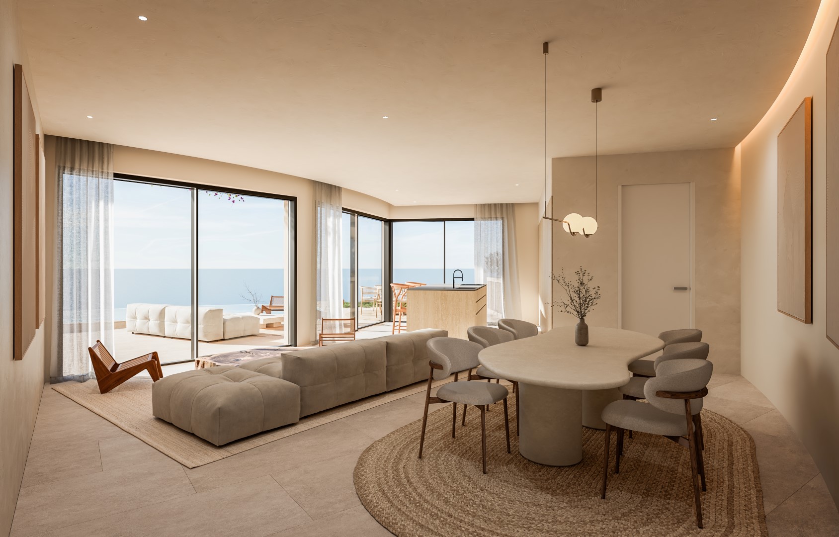 Salón-comedor de concepto abierto con mobiliario orgánico, suelos de piedra y grandes ventanales con vistas al mar Mediterráneo y acceso directo a la terraza.