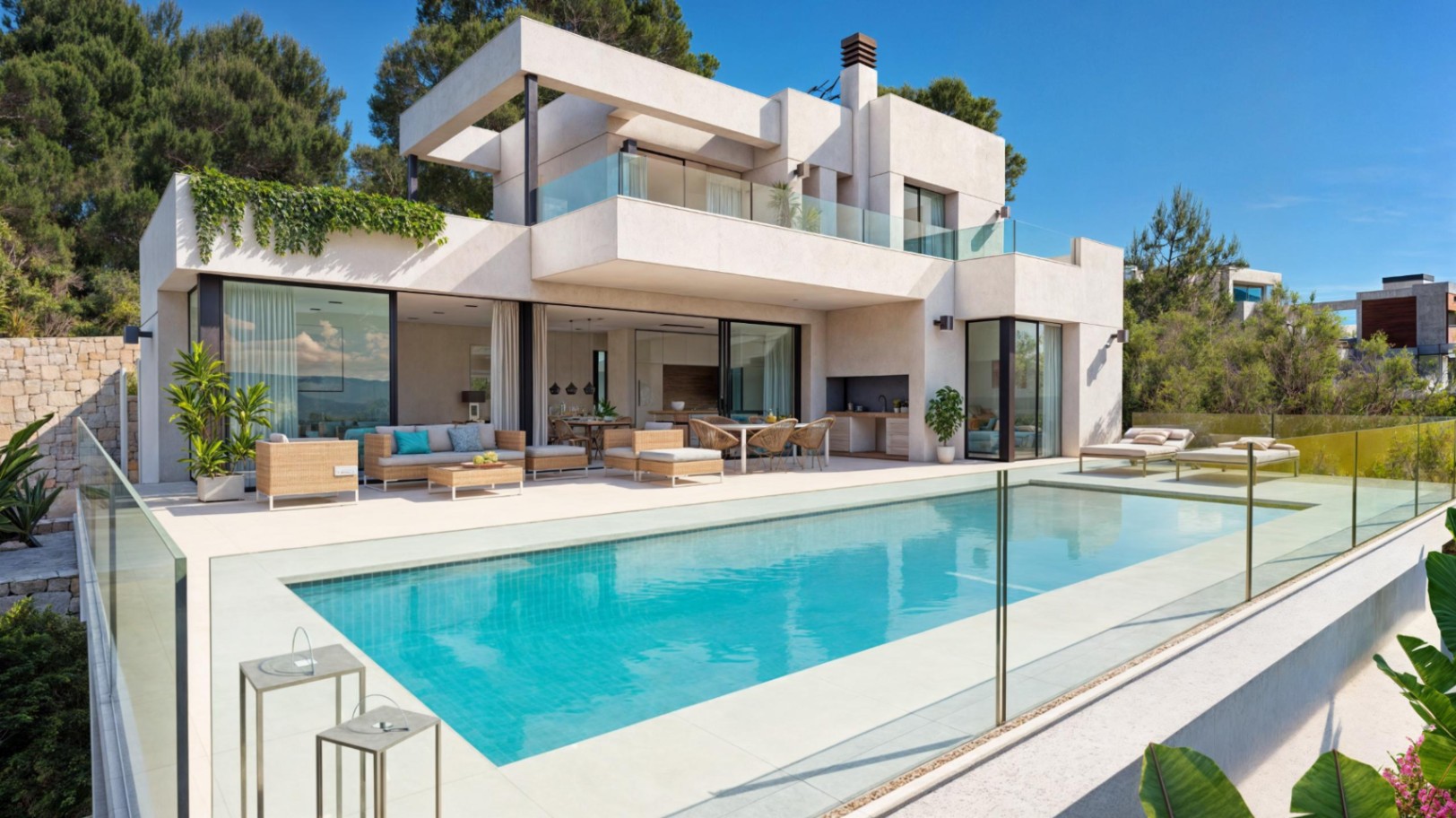 Fachada contemporánea con piscina de 9x4m, amplias terrazas y cocina de verano integrada bajo volúmenes arquitectónicos modernos con grandes ventanales.
